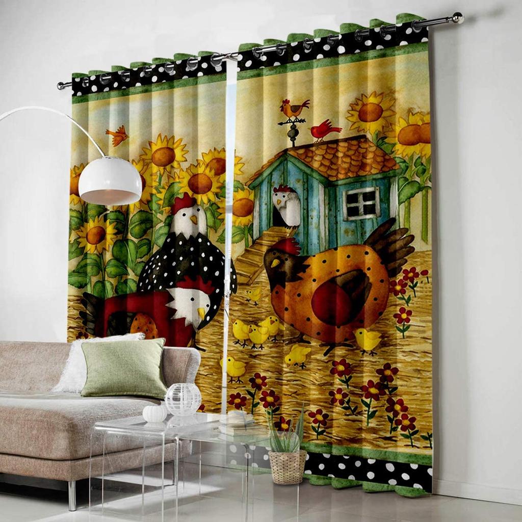 Farm Life Rooster Hen Sunflower Home Decor Window Curtains Bedroom Kitchen Curtain Panel Curtains for Living Room