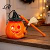 Trick or Treat Lamp Glowing Halloween Pumpkin Lantern Jack O Lantern with Witch Hat Broom Light Funny Up Decor Prop for Kids Party Decor