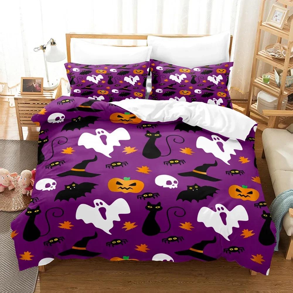 Halloween Cartoon Pumpkin Lantern Castle Bat Comfortable Duvet Quilt Cover Pillowcase Bedding Set Children Bedroom Decoration