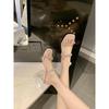 Summer 2025 Korean Fairy Square Toe Rhinestone Strap Transparent Chunky Heel Sandals for Women
