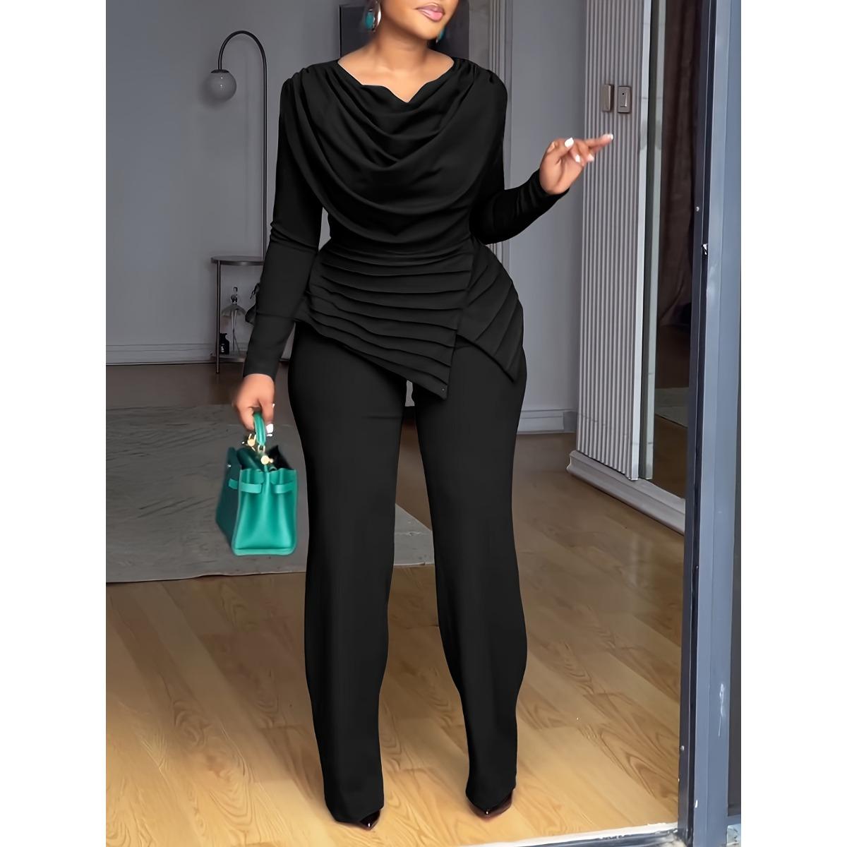 Women s Cowl Neck Long Sleeve Two Piece Set Ruched Top Flare Pants Solid Suit S чёрный