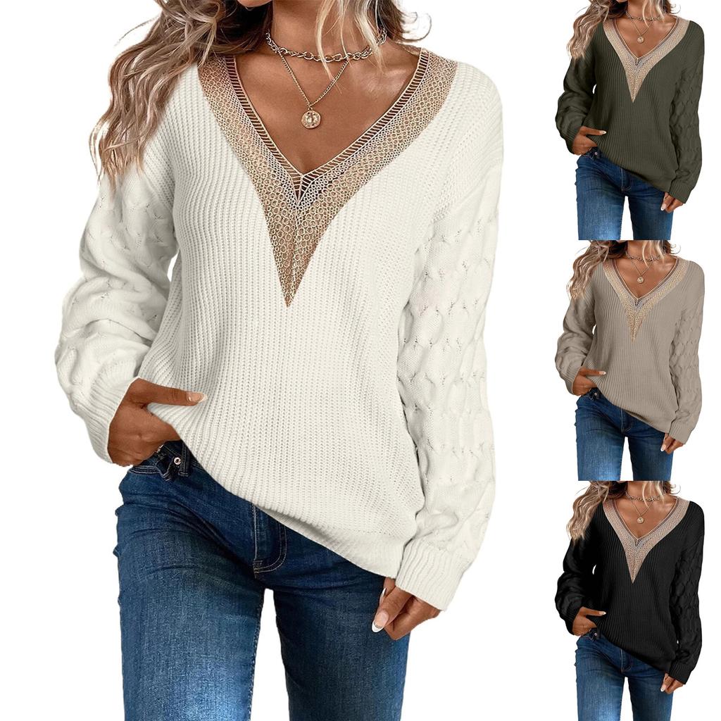 Autumn Winter Fashionable Sensual Lace V Neck Knit Drop Shoulder Pullover Sweater Top Luxurious Relaxed-fit Slimming and Versatile Top