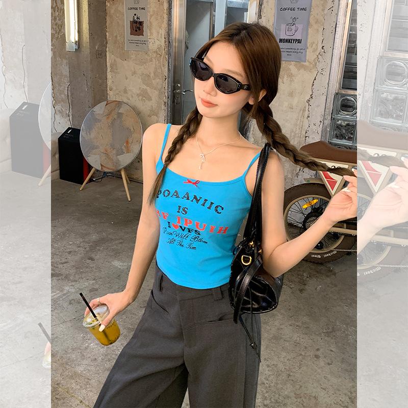 American Spice Girl Letter Print Suspender Vest Women's Summer New Outer Wear Inner Slim and Thin Bow Top