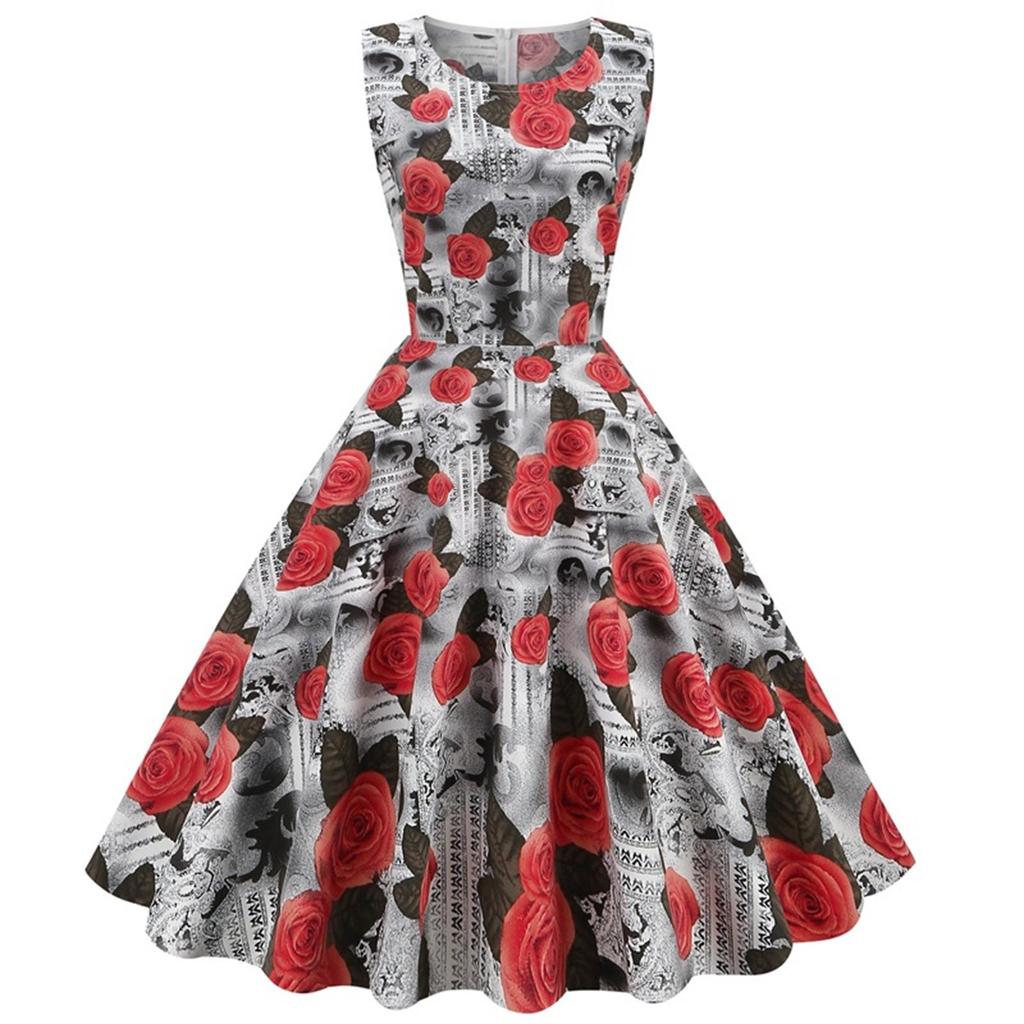 Women Party   Print Color Sleeveless Retro Dress Sleeve Grenadine Dress