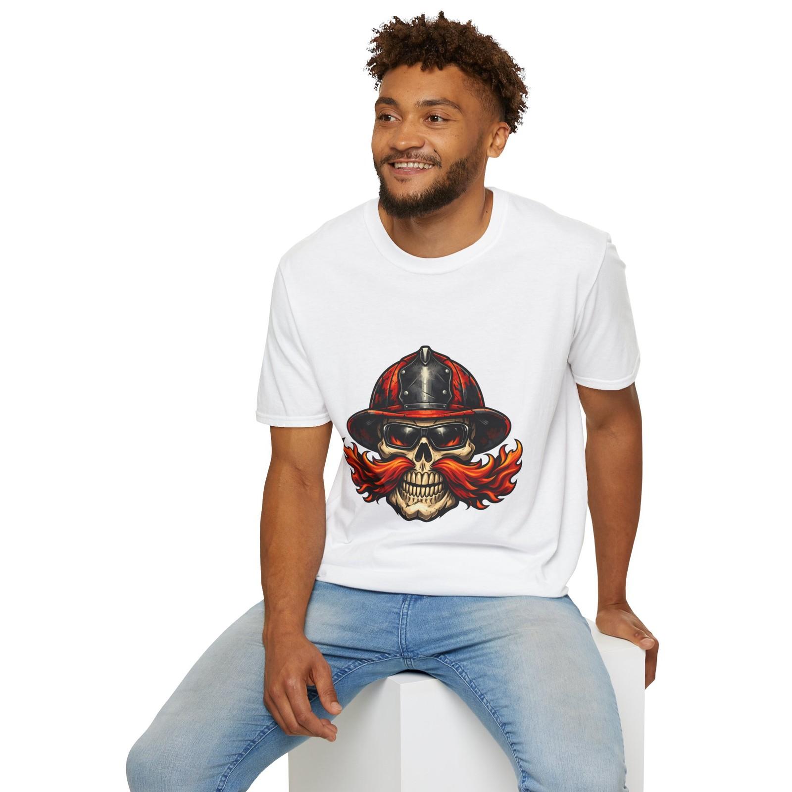 Firefighter Skull Helmet Flame Mustache Outlaw Vintage Unisex Softstyle T-Shirt S