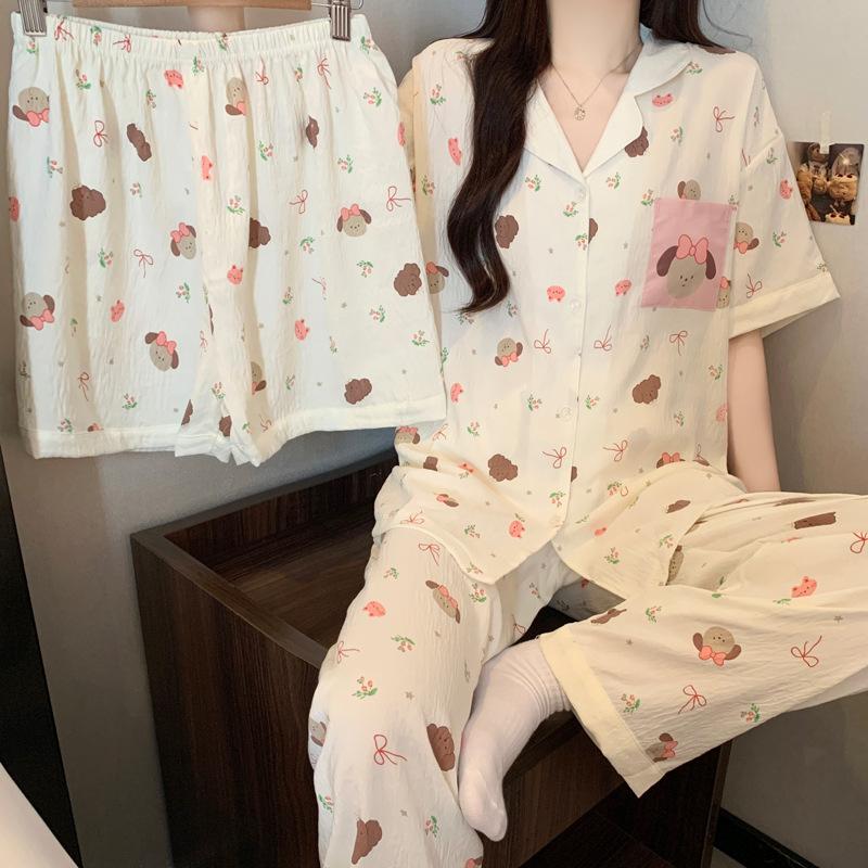 High-Value Floral Puppy Cloud Cotton Pajamas Women'S Summer Sweet Short-Sleeved Three-Piece Loungewear