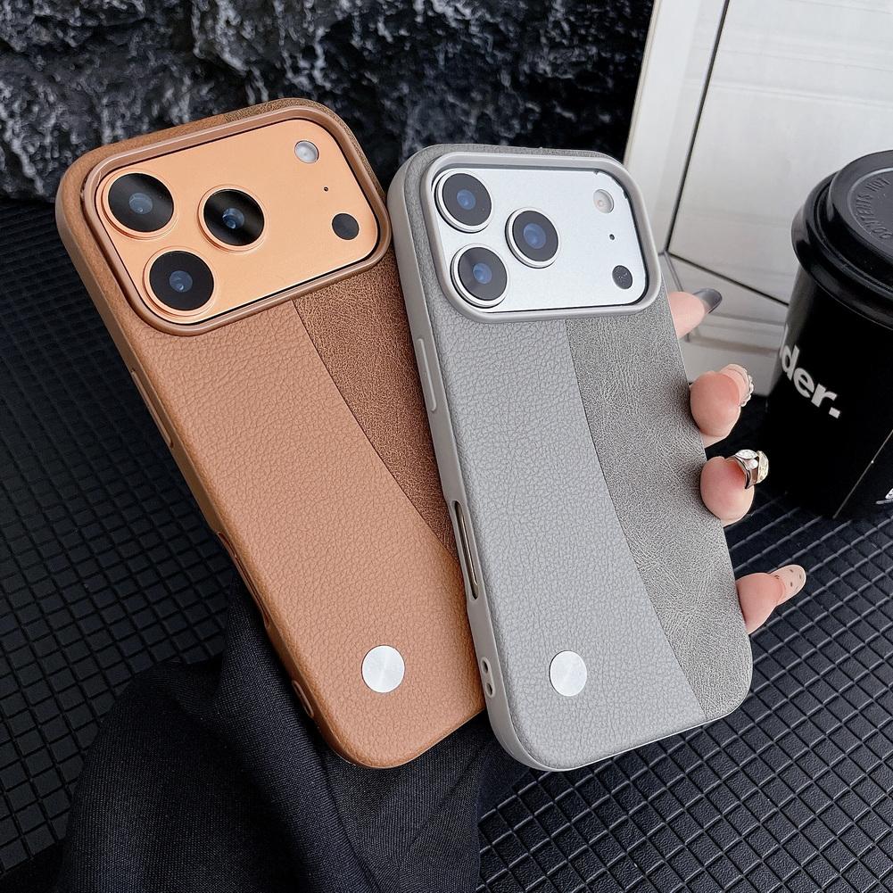 Leather Texture and Plain Leather Splicing Lens Heightening Protective Case for iPhone17 Pro Max 17 Pro 17 Air 16 15 14 13 Cover