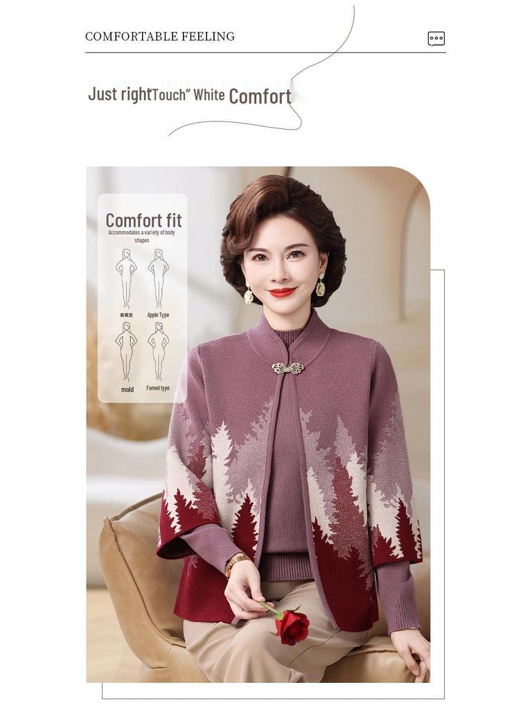 Mom’s Chinese Style Knit Cardigan Set for Autumn & Winter - Elegant Fashion for Middle-Aged and Elderly Women