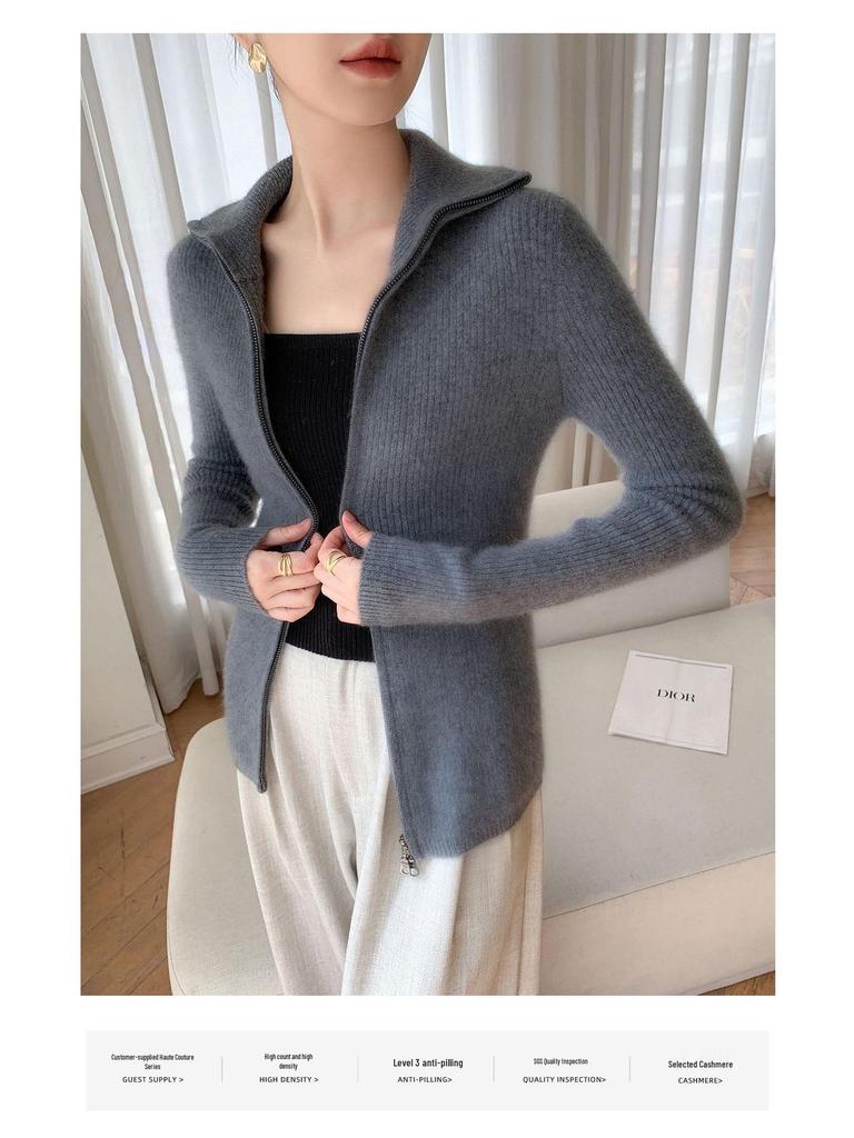 25 Premium Women's Baby Cashmere Cardigan, Double-Zipper Lapel Ribbed Sweater, Loose Wool Coat for Autumn/Winter.