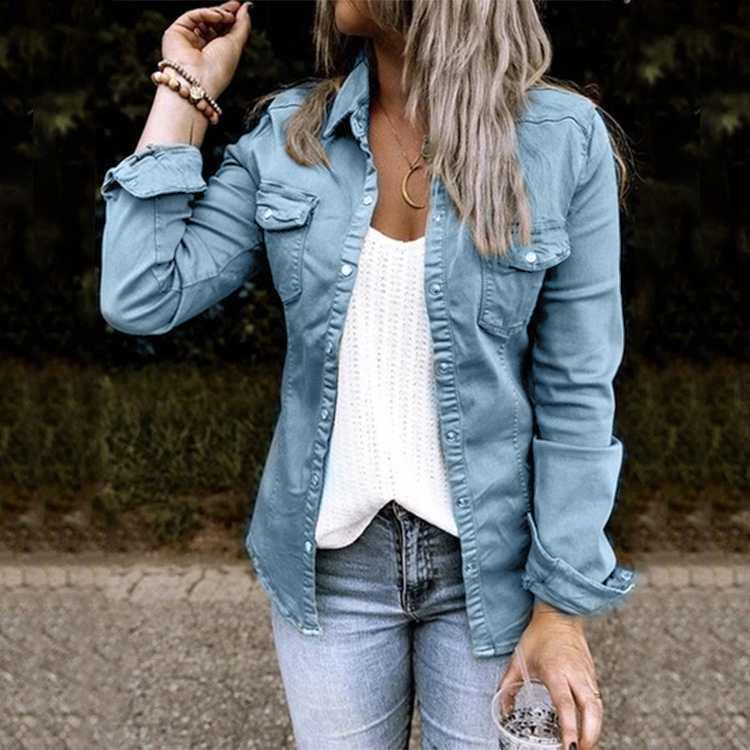 Women's Mid-Length Long-Sleeve Denim Jacket Shirt - European & American Style