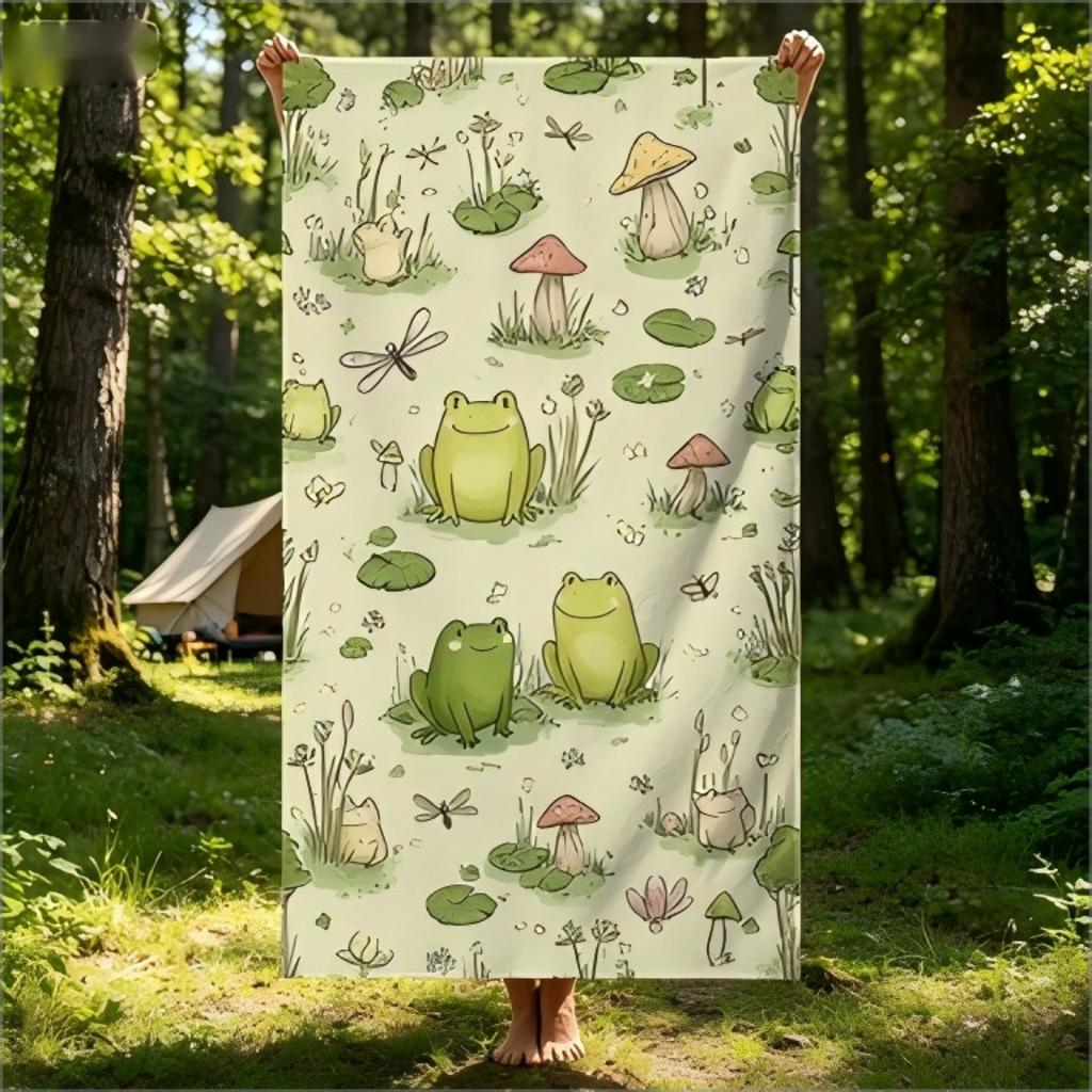 Cute Frog Mushroom Print Beach Towel Cottagecore Botanical Microfiber Towel For Summer Beach, Pool & Nature Lovers