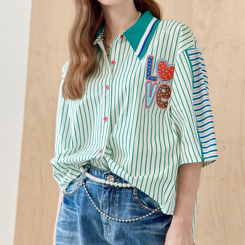 Maja Striped Knit Collared Shirt Blouse Green/Fresh