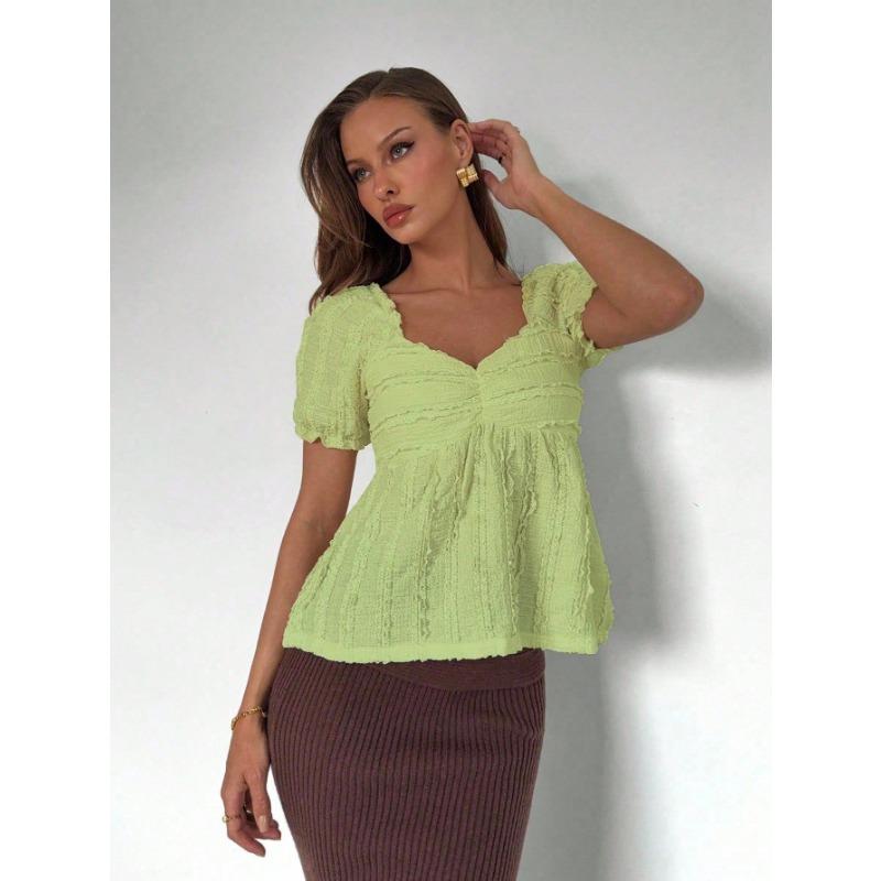 Casual European American V Neck Puff Sleeve Solid Color Loose Short Sleeve T Shirt For Women