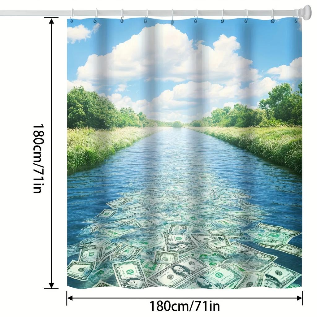 Modern Cartoon Money River Bath Curtain - Vibrant Blue Water with Dollar Bills,  Machine Washable, All-Season Bathroom Decor