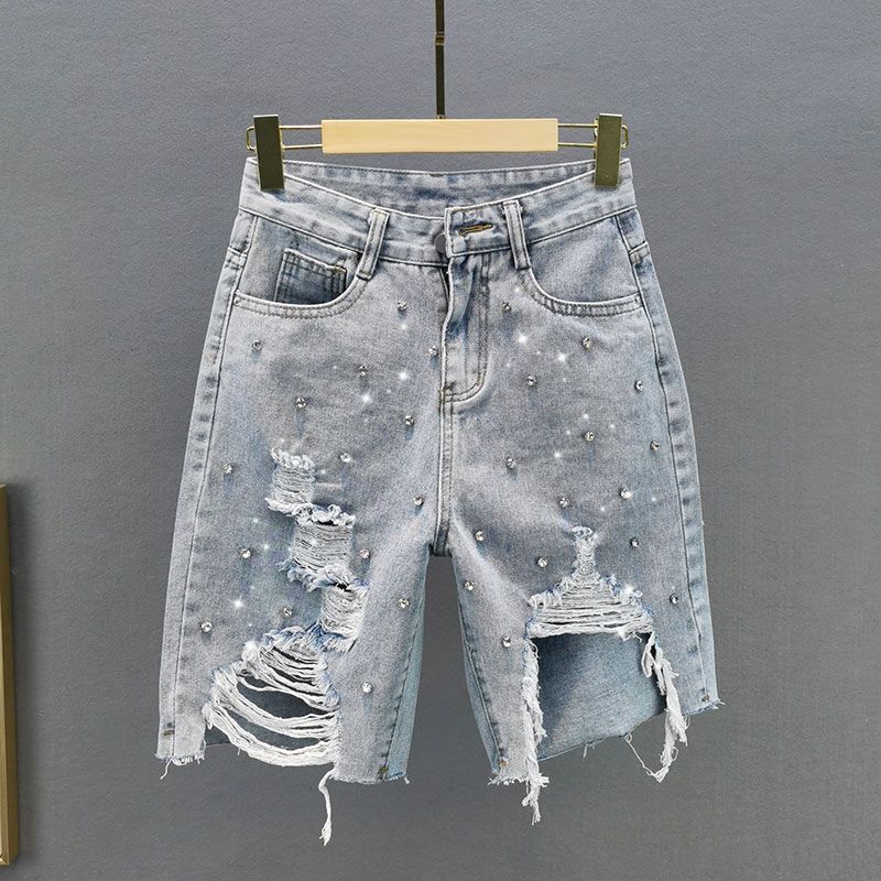 

European Station Diamond Ripped Summer High Waist Shorts Light blue S