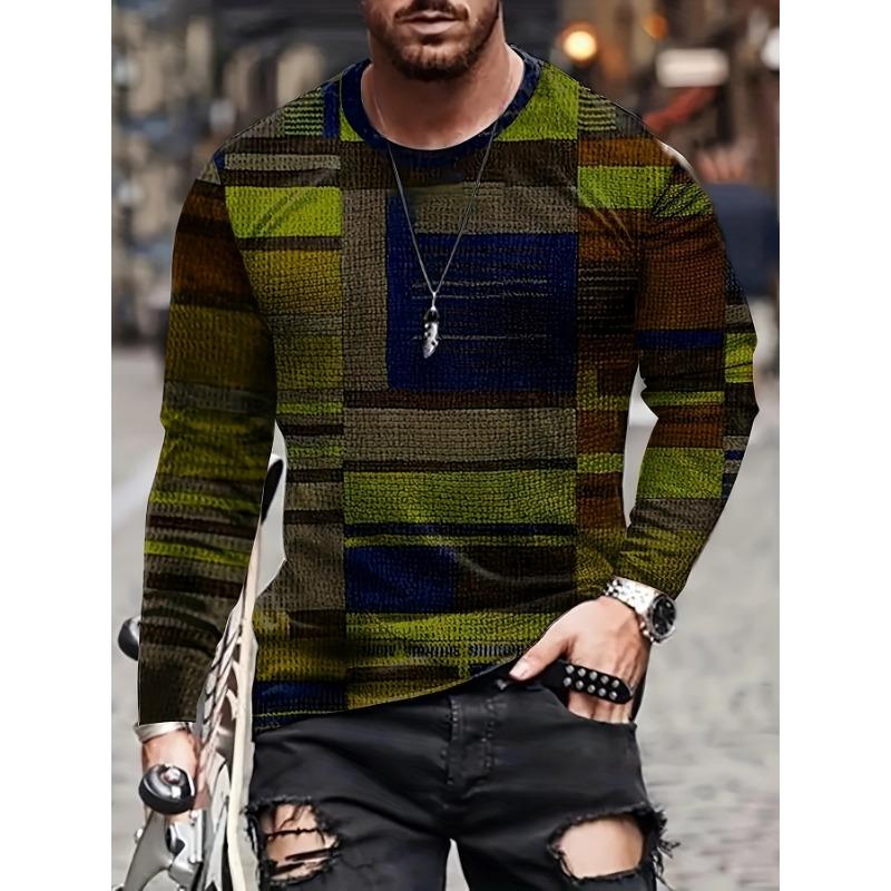 Men's Colorful Irregular Grid Pattern Round Neck Long Sleeved T-shirt