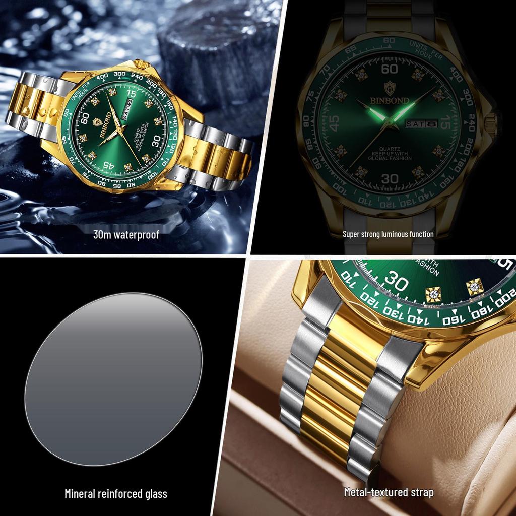 Binbang Men's Green Submariner Quartz Watch, Double Calendar, Steel Band, Business Waterproof.