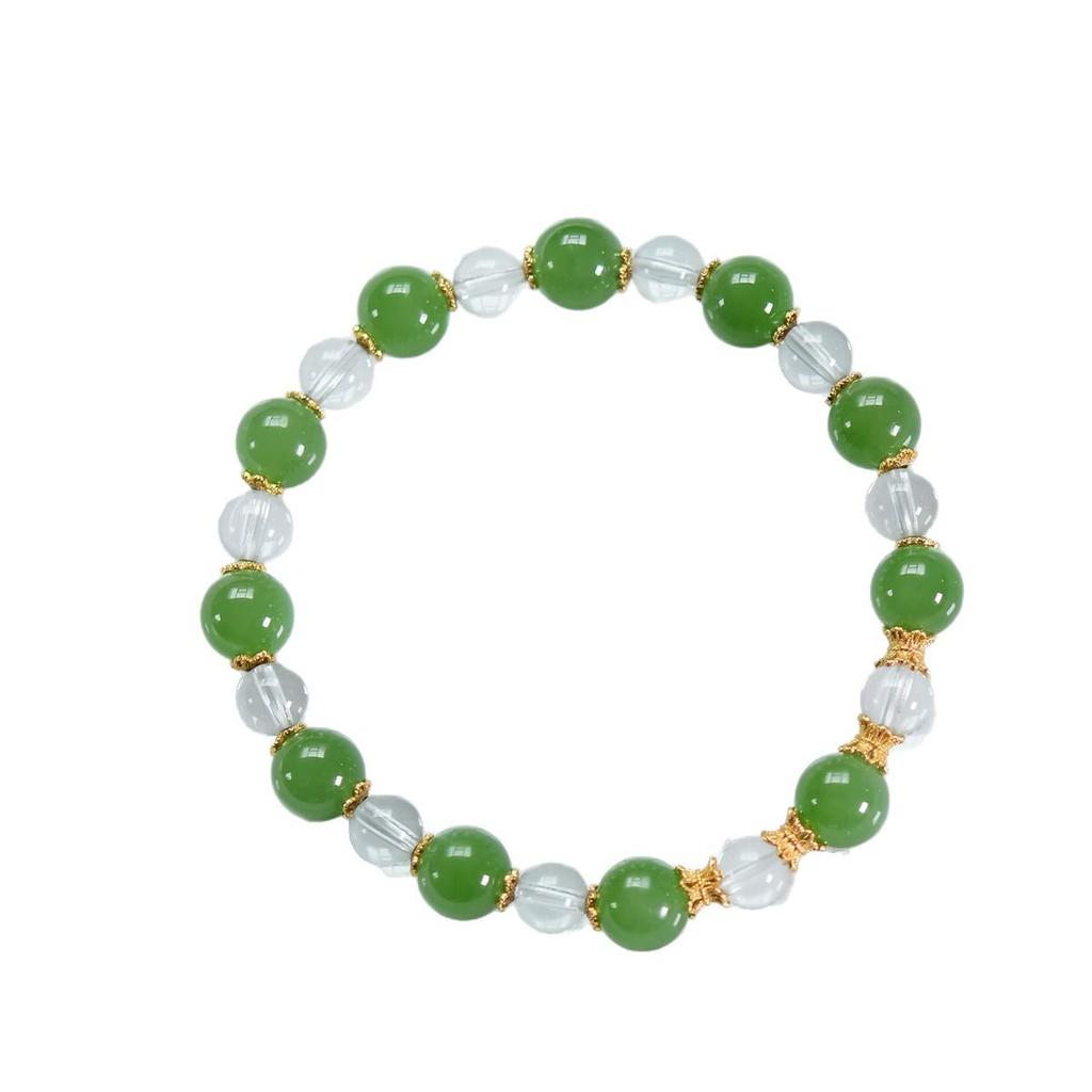 Fresh Natural Hetian Jade & White Crystal Bracelet with 925 Silver Spacers