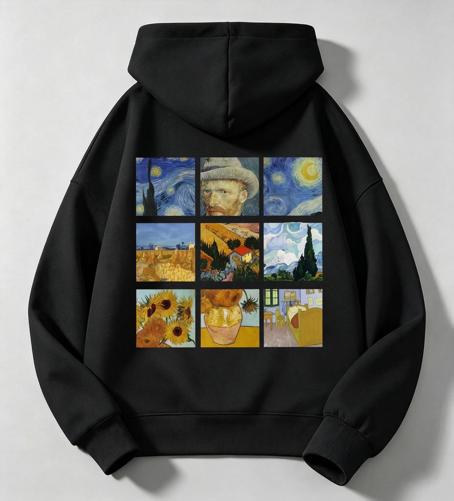 Best-selling classic art painting, 9-panel patterned checkered print casual long-sleeved hooded children's pullover shirt