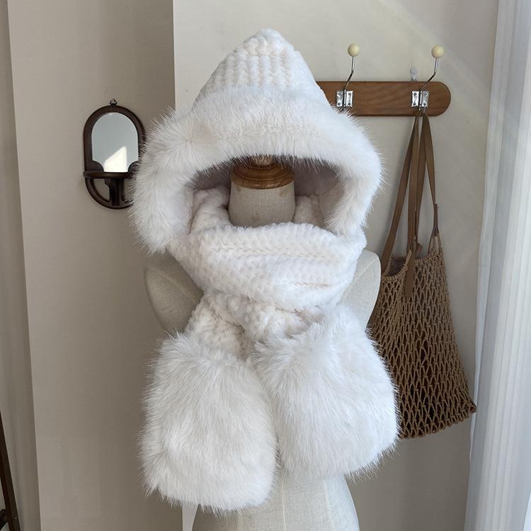 New solid color women's scarf, hat and gloves integrated three-piece set, warm and thickened, cute ears, plush and cold-proof.