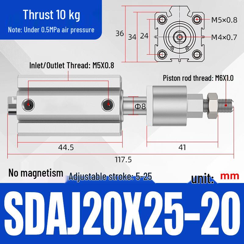 Adjustable Stroke Pneumatic Thin Cylinder - Piston Rod Sizes: 16/20/25/32/40/63