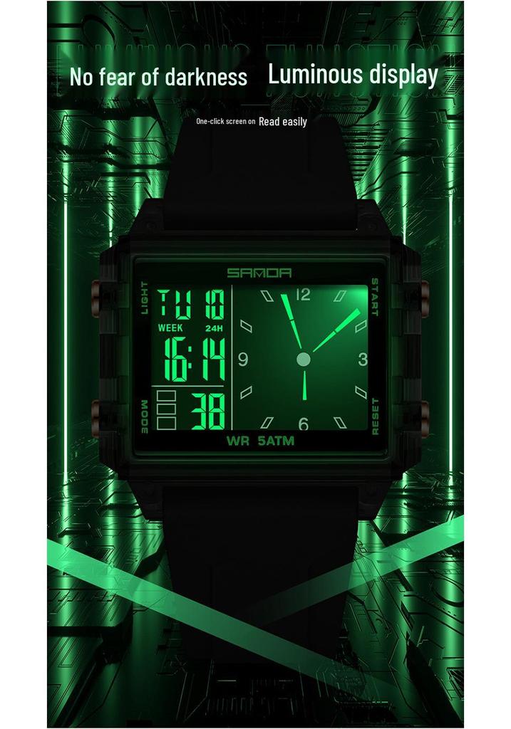 Sanda Men's & Women's Fashionable Dual Time Large Square Dial Luminous Waterproof Watch