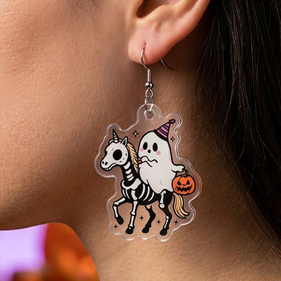 Holiday Party Accessories 1 Pair Acrylic Halloween Earrings for Women, 2D Flat Cute Cartoon Funny Skeleton Earring Ghost Skull Dangle Drop Earrings,