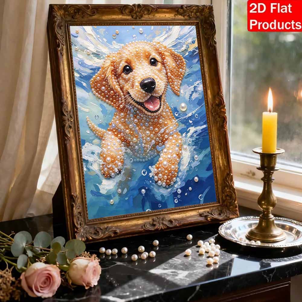 Swimming Golden Retriever Puppy Pearl Painting Kit with Frame Sparkling Bead Canvas Creative Leisure Craft for Wall Decor and Unique Gift