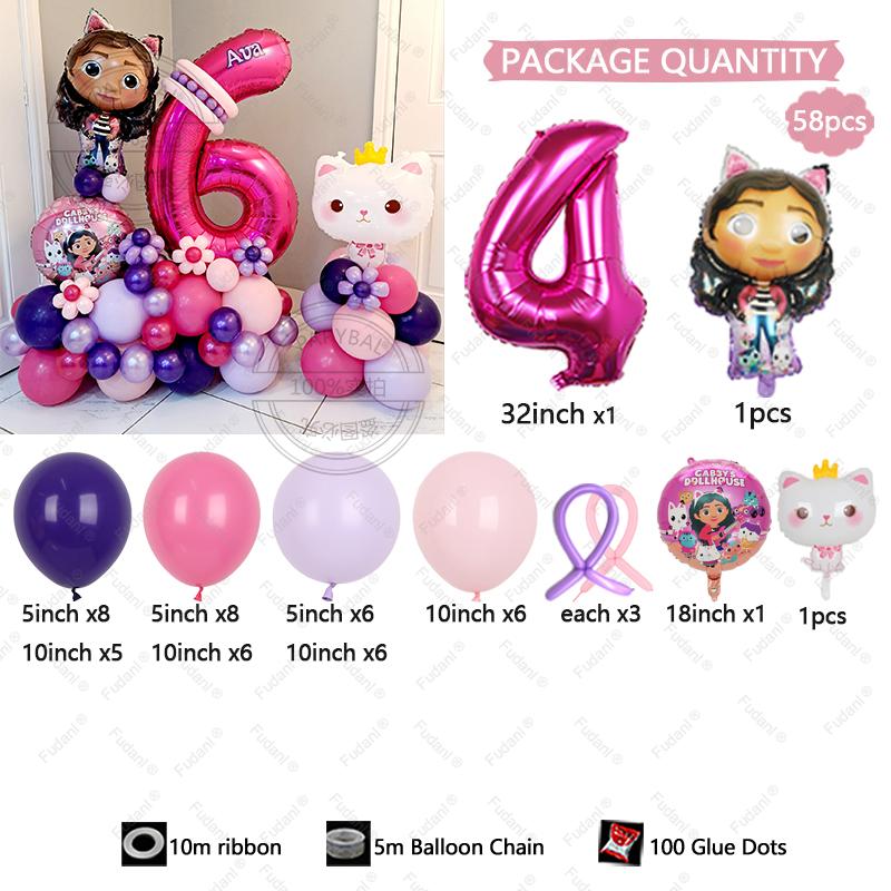 58pcs Cute Gabby Dollhouse Cats Theme Balloon Children's Birthday Party Decoration Latex Foil Ball Girl Gabby's Doll Balloon Toy