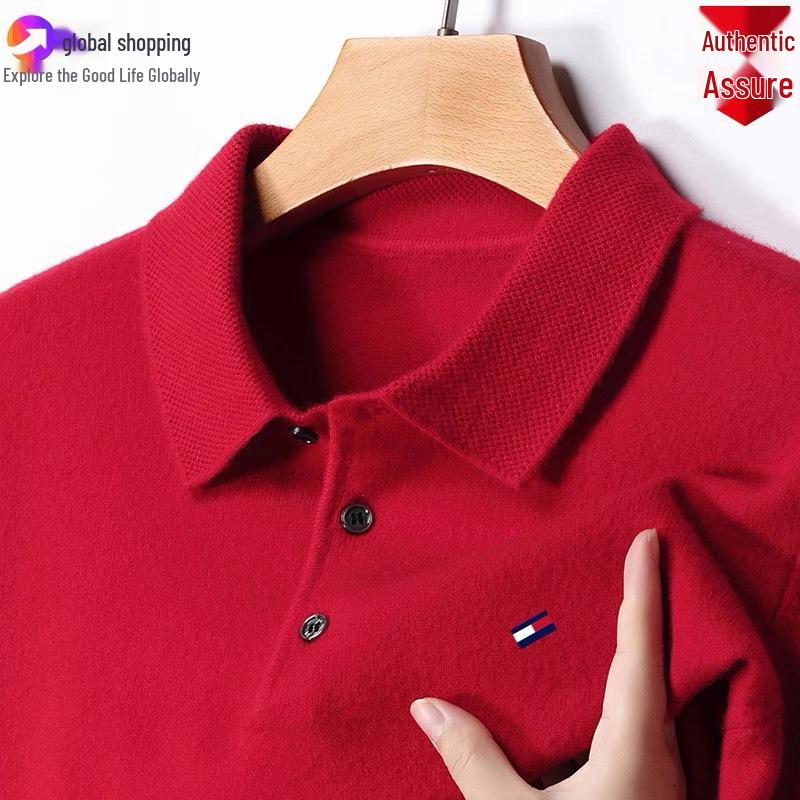 Autentyczny męski sweter Tommy z kaszmiru, z długim rękawem - Jednolity kolor, Haftowany, Kołnierz, Duży rozmiar, Uniwersalna dzianinowa baza.