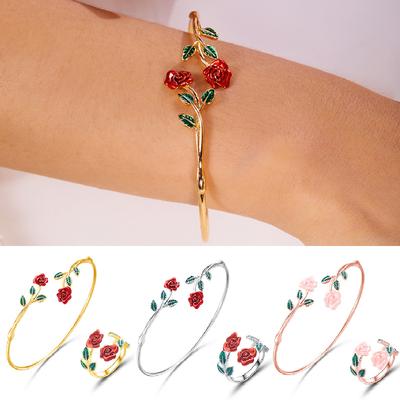 Retro Red Rose Flower Charm Bracelet Ring Set For Women Open Cuff Bangle Finger Ring Party Wedding Adjustable Jewelry Gift