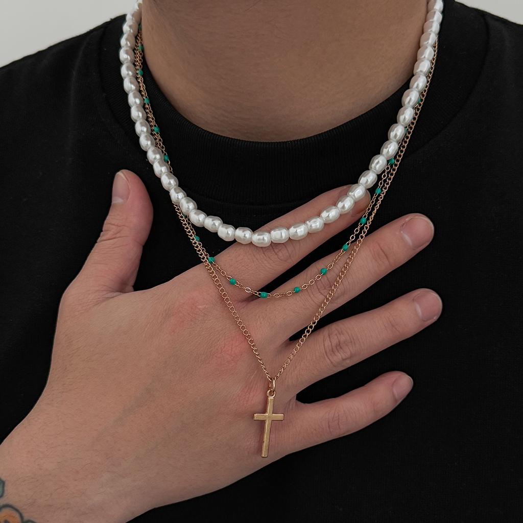 Salircon 3 Pcs/Set Punk Imitation Pearl Jesus Cross Pendant Necklace Men Hiphop Creative Fashion Street Jewelry Accessories 2026