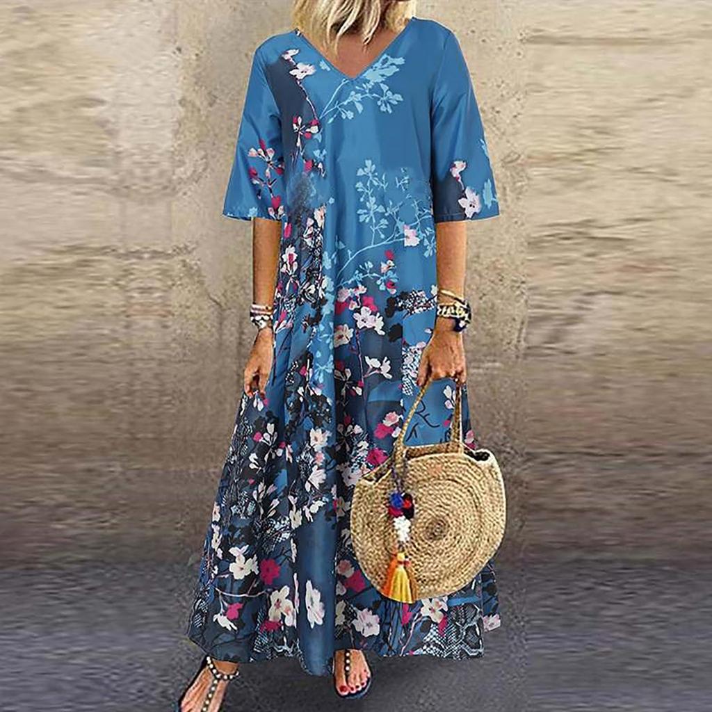 Ladies Casual Printed Long Dress V Neck Mid Waist Pullover Oversized Dress