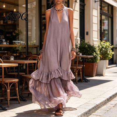Slimming Summer Dress Sleeveless Maxi for Women Deep V Neck Layered Ruffle