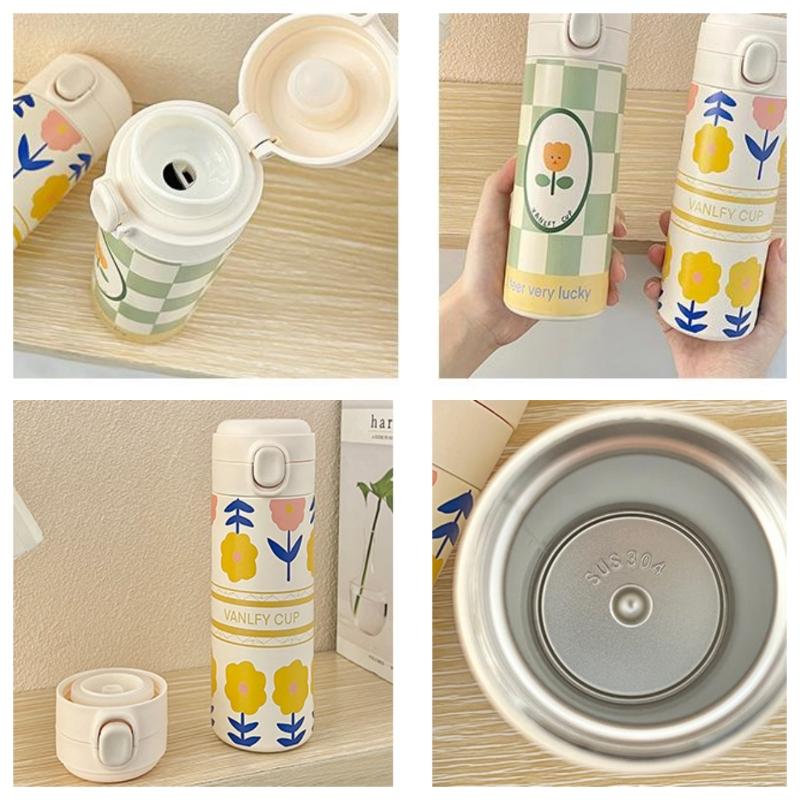 500ml Stainless Steel Thermal Cup Bouncing Cover Cute Flower Style Milk Tea Coffee Mug Leak-Proof Mug Travel Water Bottle