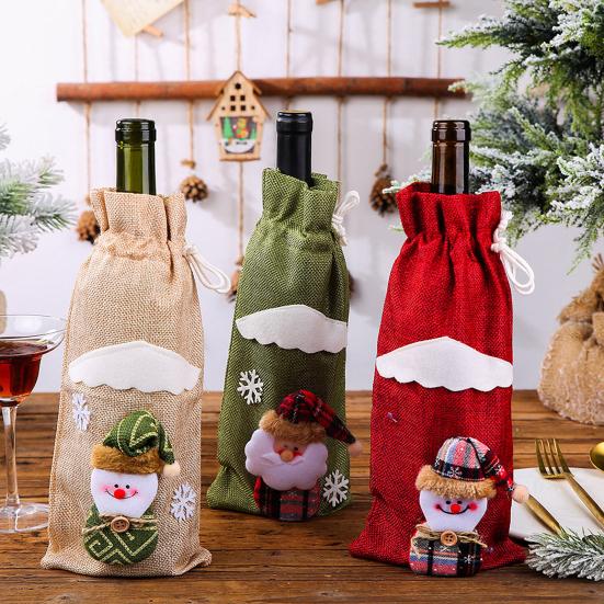 Christmas Burlap Wine Bags Cute Santa Claus Snowman Reindeer Design Reusable Wine Bottle Cover with Drawstring for Dinner Table Decor