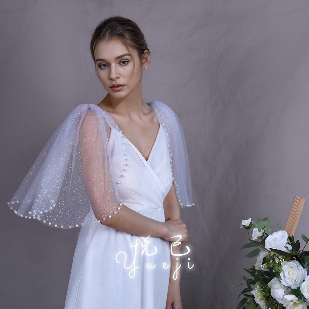 Detachable Glitter Tulle Puff Short Sleeve Cuffs, Mixed Size Pearl Beaded Sheer Arm Covers for Wedding Bridal Evening Dress