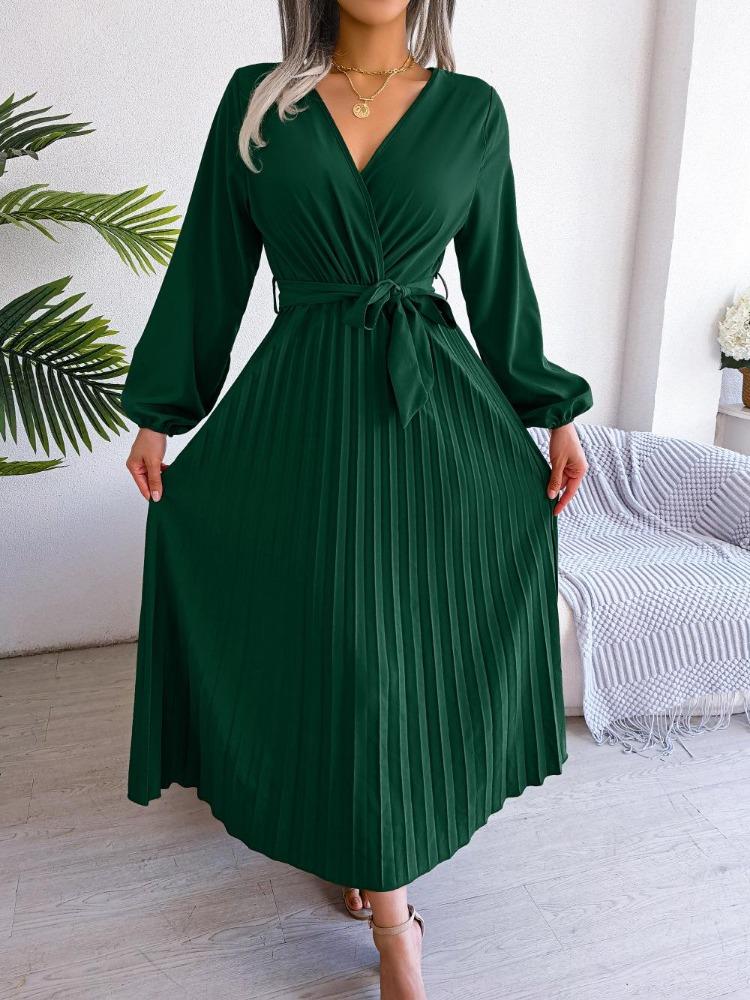 

Elegant Women Long Sleeve V Neck Pleated Maxi Dress XL зелёный