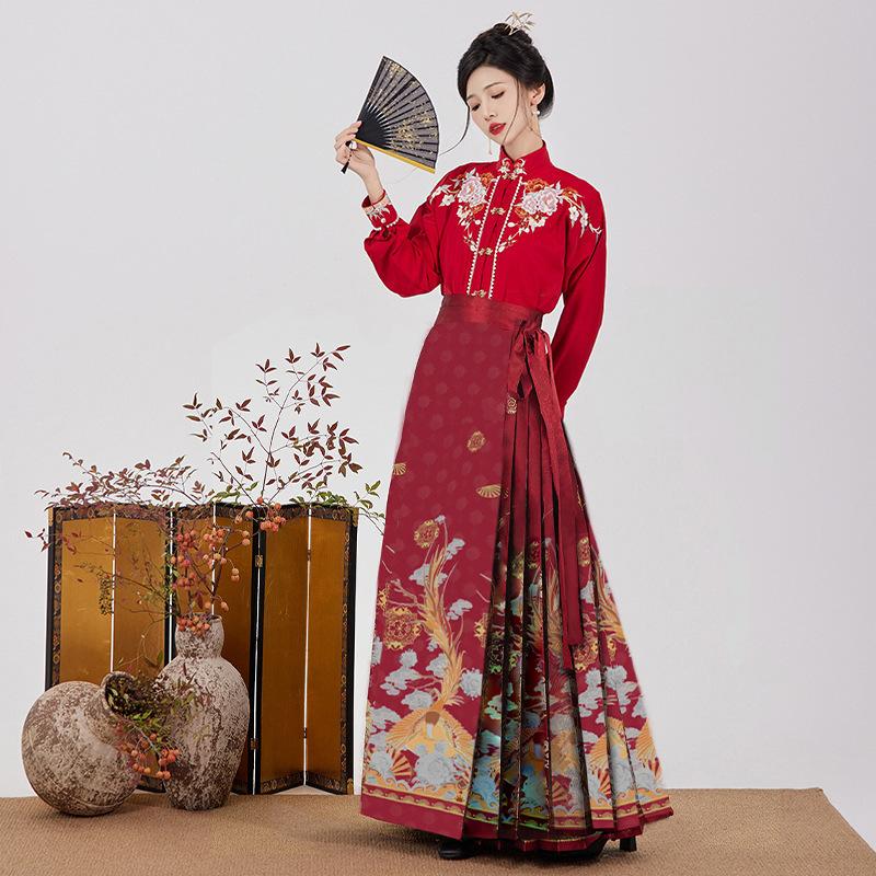 Spódnica w stylu chińskim dla kobiet na wiosnę i jesień, wysokiej klasy garnitur, plisowana spódnica z zakładkami, drapowany Hanfu dla kobiet