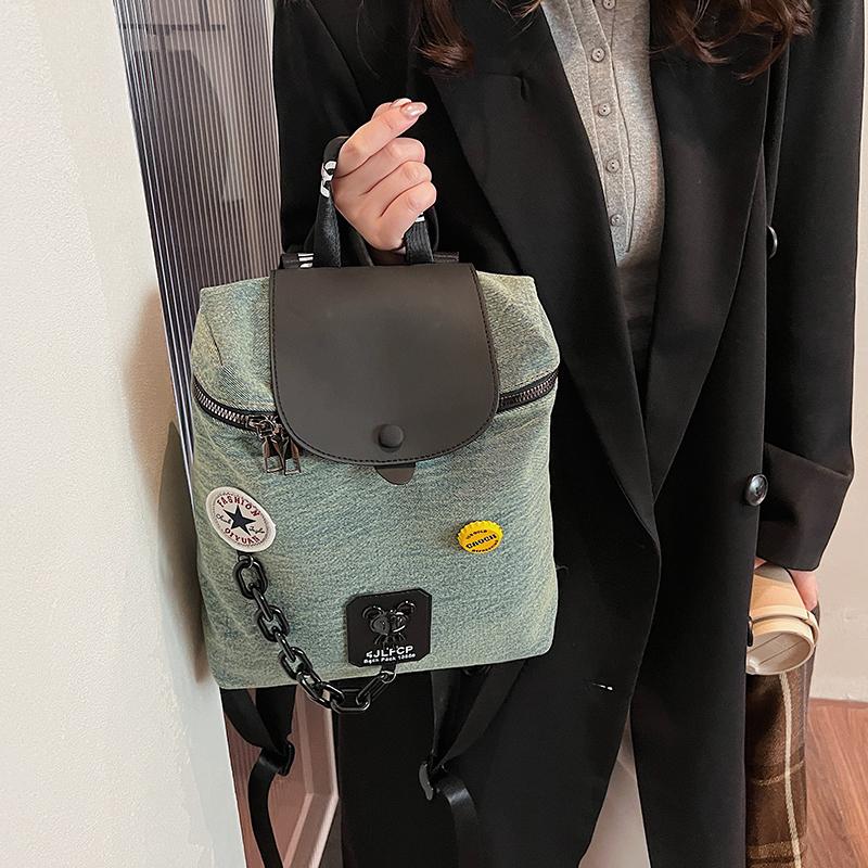 Denim Chain Small Backpack Women's Flip Bucket Bag Travel Backpack