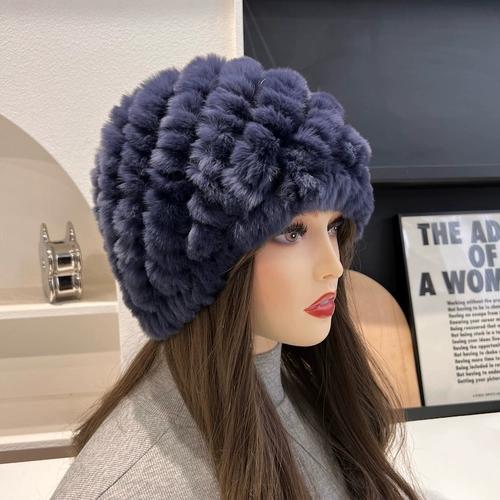 Real Rex Rabbit Hair Hat Women's Thickened Hair Hat Fur Cold Warm Ear Protection Plush Knitted Hat Baotou Hat Autumn and Winter