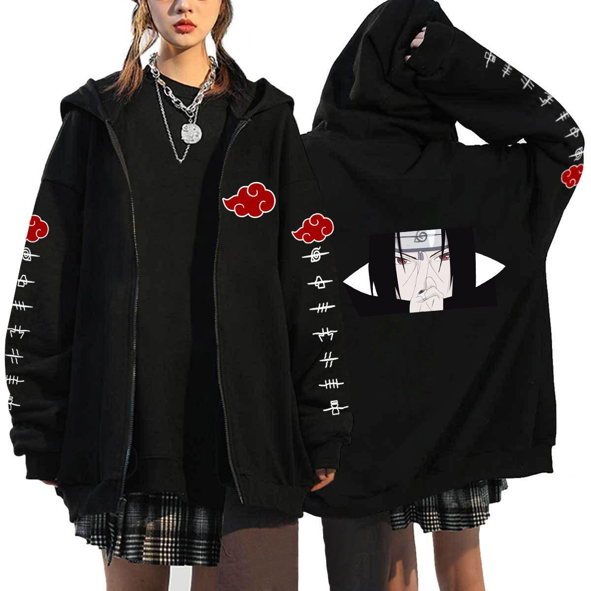 Felpe con cappuccio Naruto Anime giapponesi Uomo Kawaii Harajuku Manga Cappotti con cerniera grafica Uchiha Itachi Sasuke Felpe streetwear stampate Pullover unisex Top XL