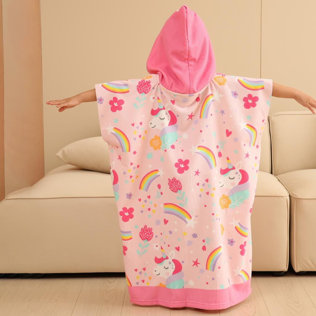 Sommer-Mikrofaser-Badeponcho mit Aufdruck für Kinder, Badetuch mit Kapuze, das nicht fusselt oder ausbleicht, Alter 2-10