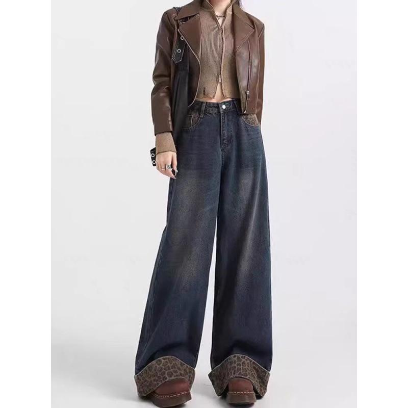 

Дизайн Sense Женские джинсы с леопардовым принтом, пэчворком, широкими штанинами и высокой талией - Ретро свободного кроя для осени и зимы L синий