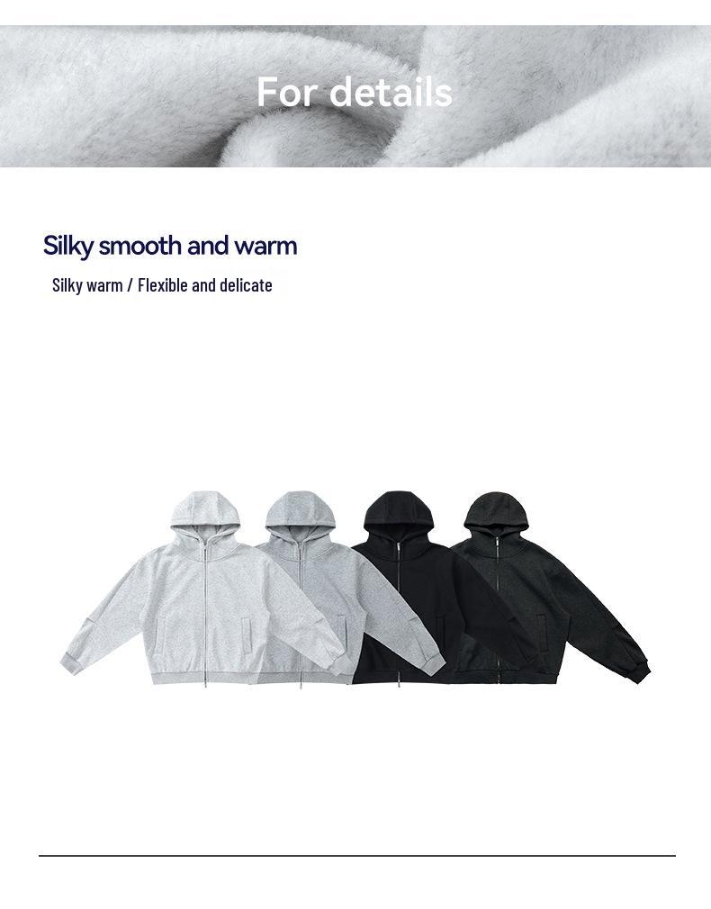 Men's Heavyweight Silk Wool Hooded Sweatshirt with High Collar and Zipper - 580g Plus Velvet Warm Jacket