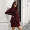 Women Casual Leopard Print Knit Sweater Dress Spring Fall Loose Waist Straight Collar Full Sleeve Above Knee Mini S-L