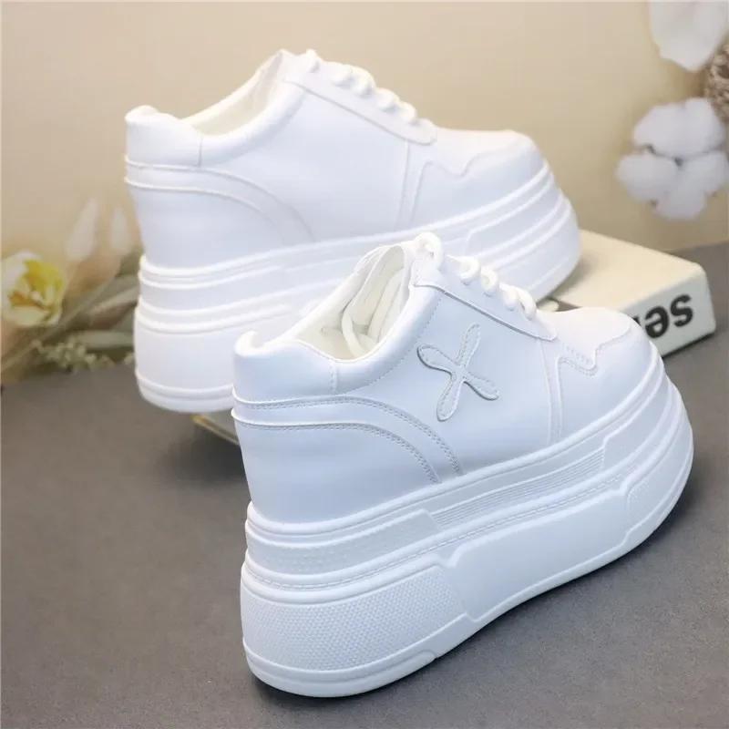 Fashion 12CM Genuine Leather Women Spring Autumn Chunky Sneakers Ins Women Summer White Hidden High Heels Platform Wedge Shoes
