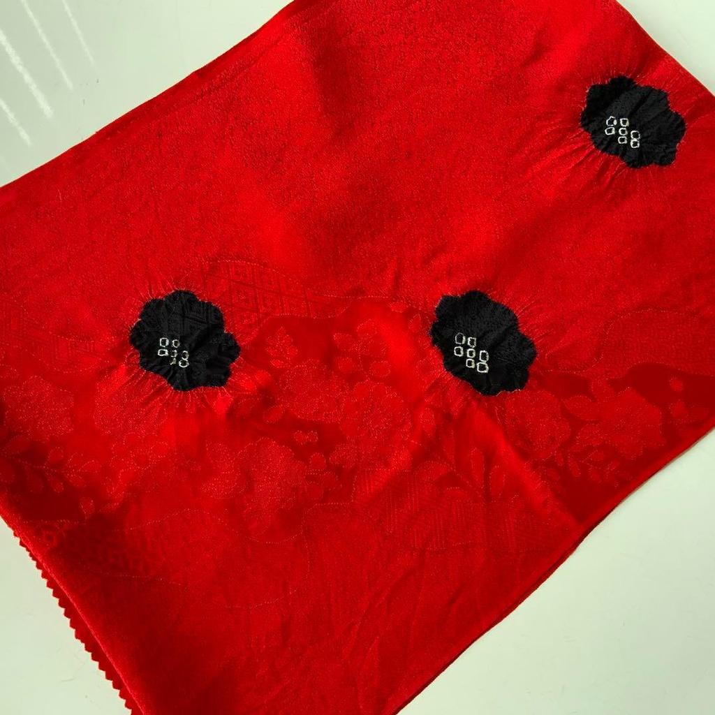 Used Pure Silk Rindashi Ring Out Shibori Obiage Red Black Floral Pattern Embroidery Pure Silk 497