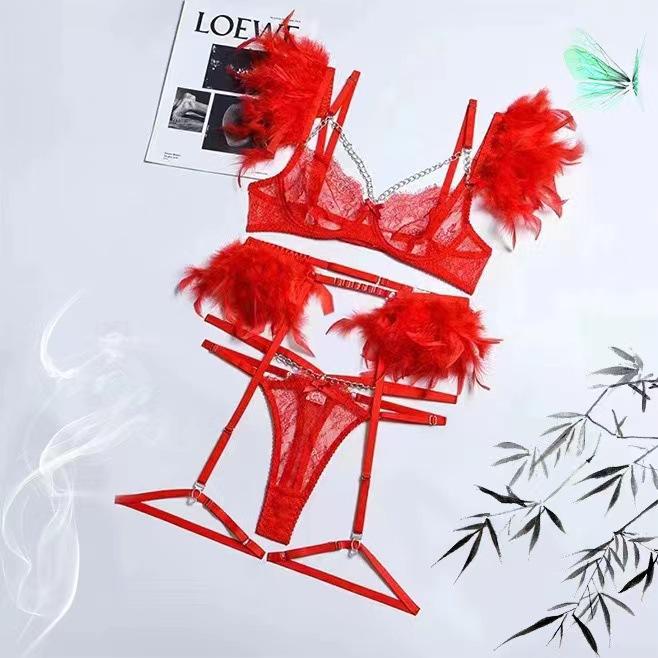 Sexy Lingerie Sets Exquisite See Throug Lace Feather Exotic Underwear Set Metal Chain Bra And G-String Garter Belt 3 Piece Suits