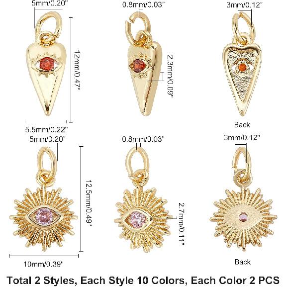 PH PandaHall Evil Eye Charm, 20pcs 2 Styles Real 18K Gold Plated Heart/Sun Cubic Zirconia Evil Eye Pendants Halloween Charms with Jump Ring for DIY